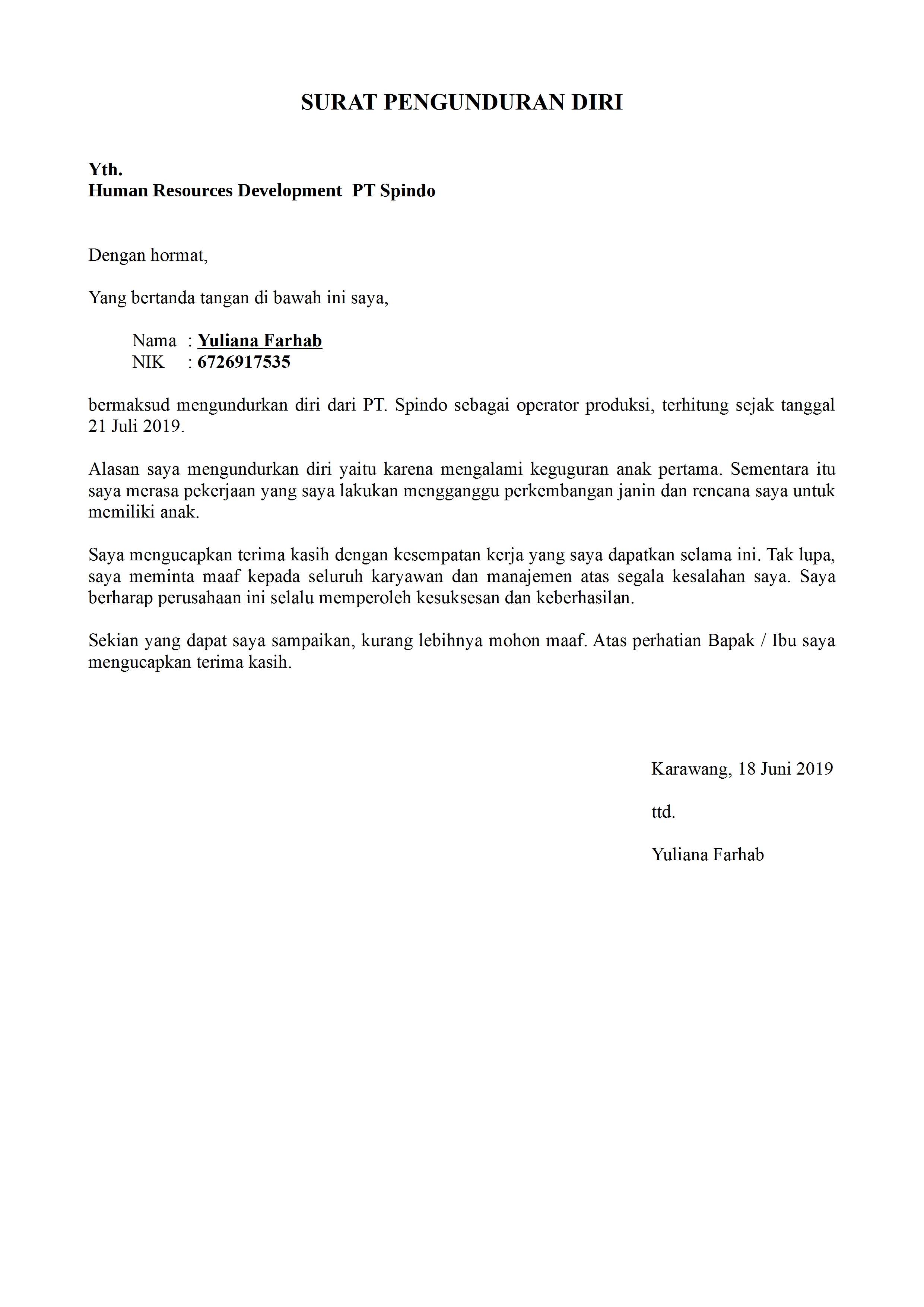 19 Contoh Surat Berhenti Kerja Sebagai Operator Kumpulan Contoh Surat Contoh Surat Perletakan Jawatan Operator Kilang For more information and source see on this link.