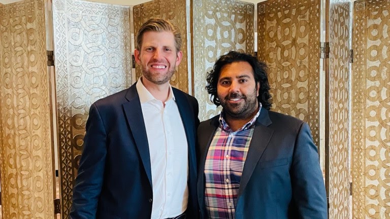 Eric Trump, left, stands with Dr. Anosh Ahmed, chief operating officer of Loretto Hospital on Chicago’s West Side. (Credit: Provided/Block Club Chicago)