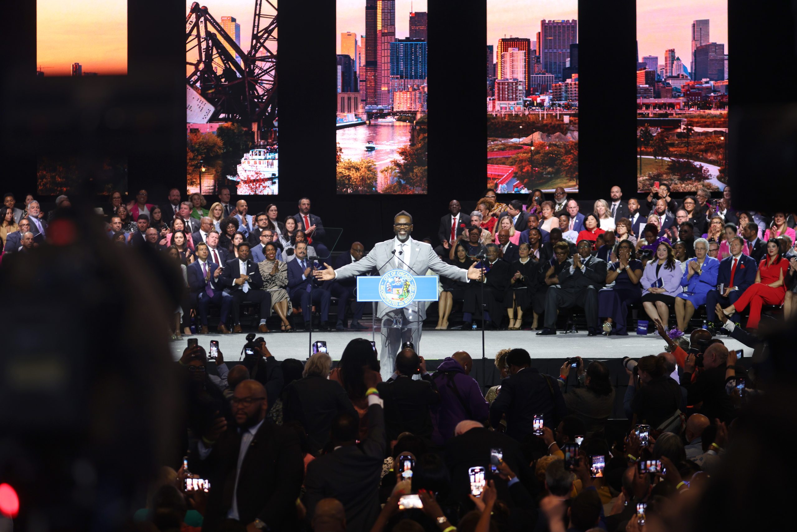 Chicago Mayor Brandon Johnson speaks to guests after taking the oath of office on May 15, 2023 in Chicago, Illinois.