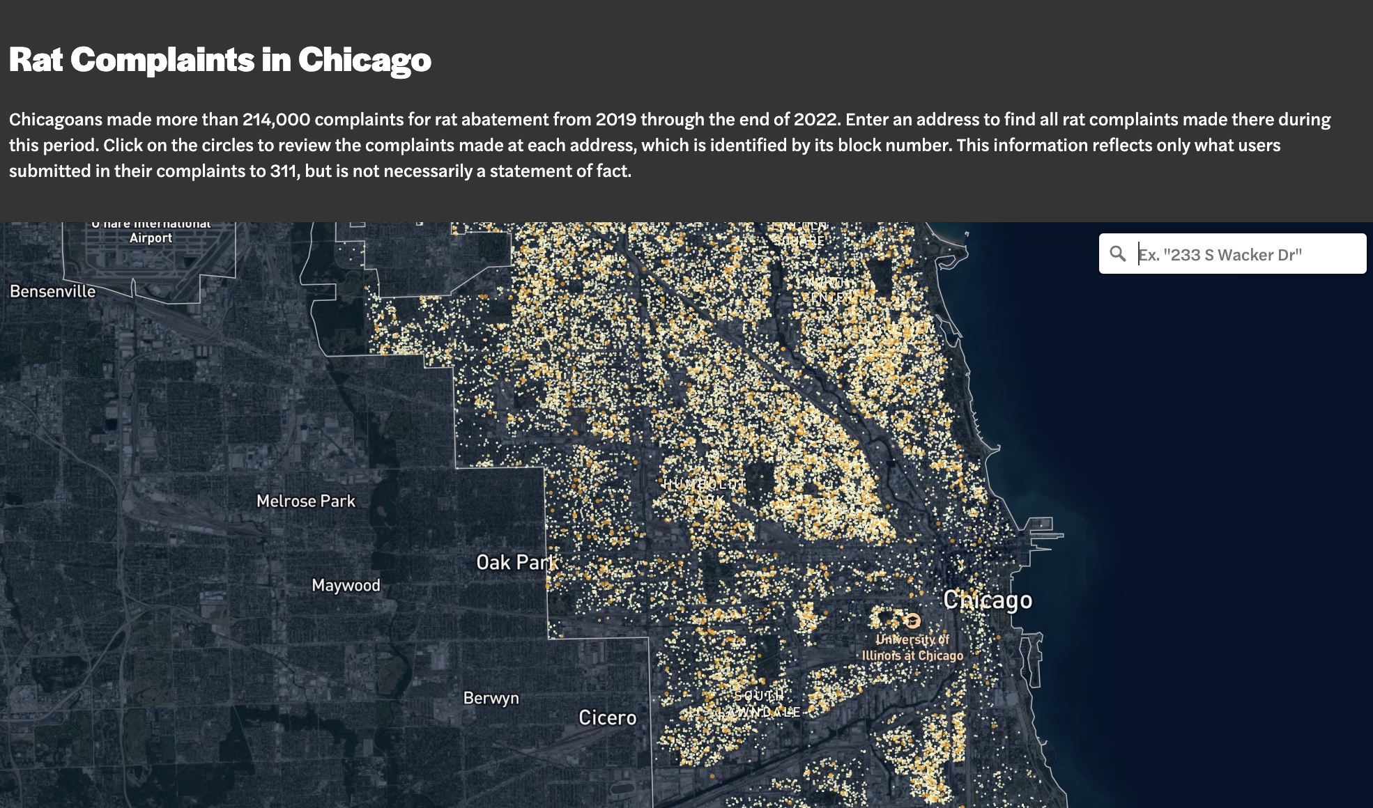 Interactive map showing rat complaints in Chicago.