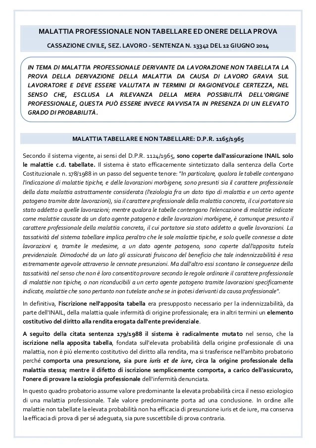 Onere Probatorio Del Nesso Di Causalita In Caso Di Malattia