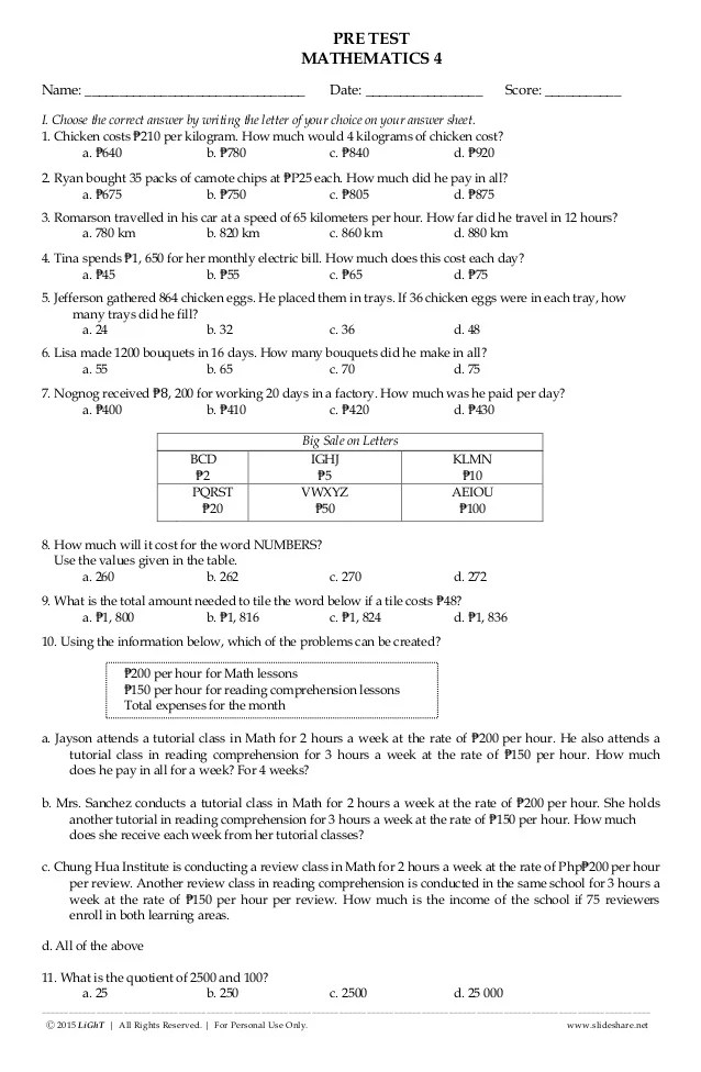 K To 12 Grade 4 Diagnostic Pre Test In Mathematics Summative Test