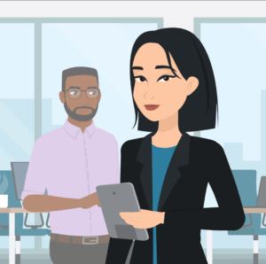 Cartoon of a woman holding a tablet computer and a man in the background