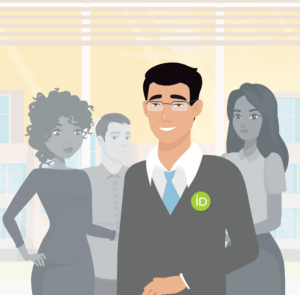 cartoon of a man smiling in a v neck jumper with 3 people standing behind