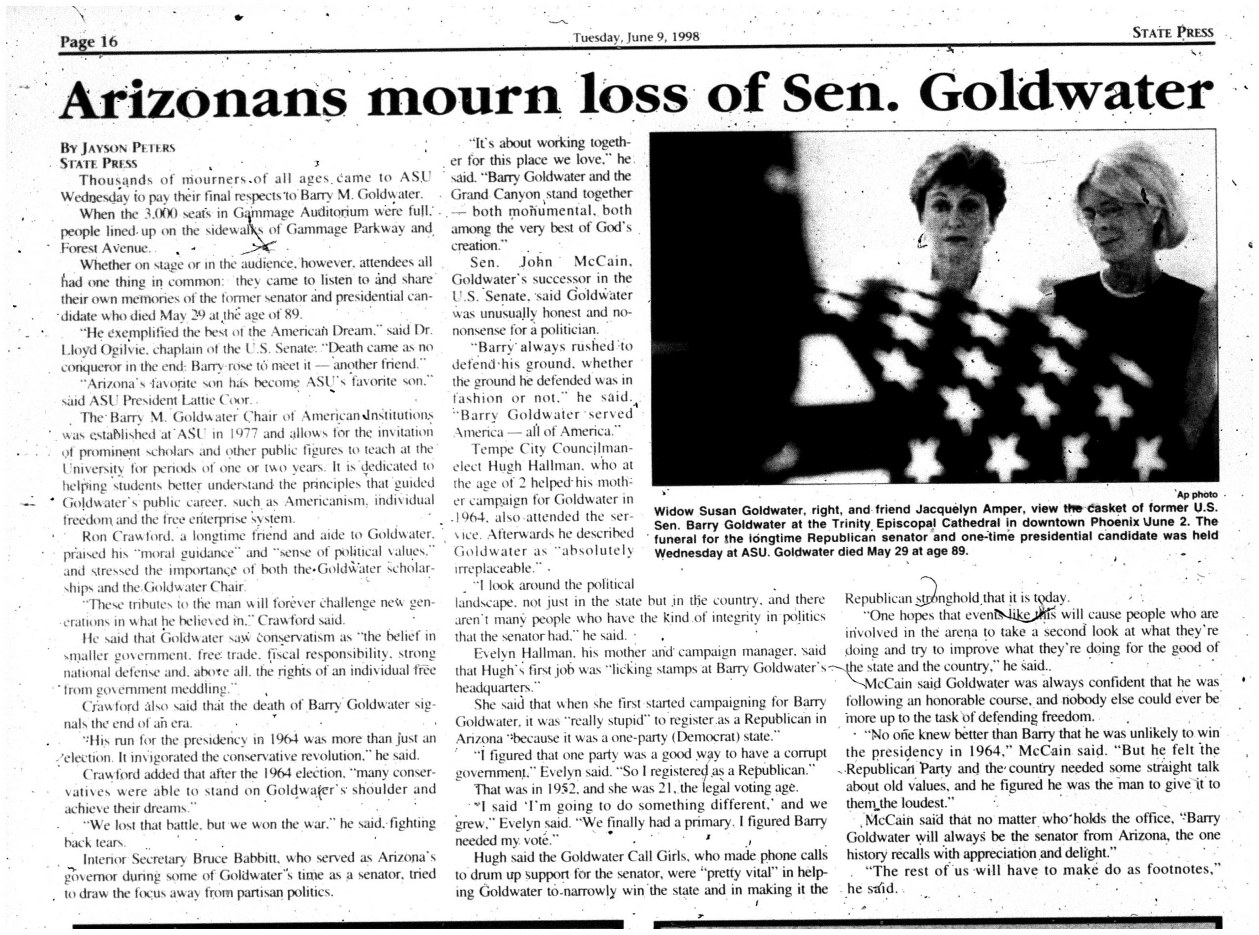 Arizonans mourn loss of Sen. Goldwater