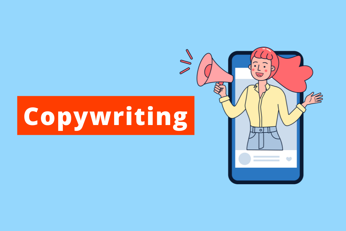 o texto é Copywriting e do lado direito tem um celular com uma moça e um megafone em suas mãos o fundo da arte é azul