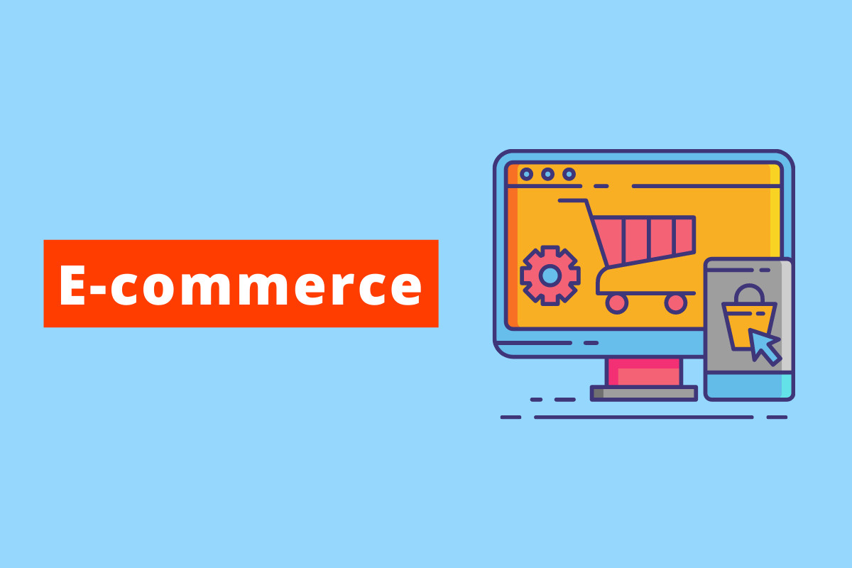 o texto da imagem é E-commerce e do lado direito um computador e um celular exibindo imagens de lojas online