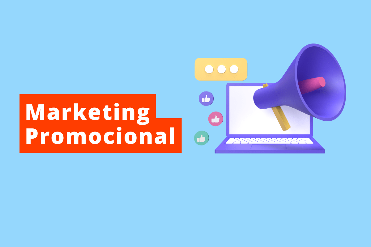 o texto da imagem é Marketing Promocional e ao lado direito a imagem de um computador e saindo de sua tela um megafone com muitos sinais positivos de like
