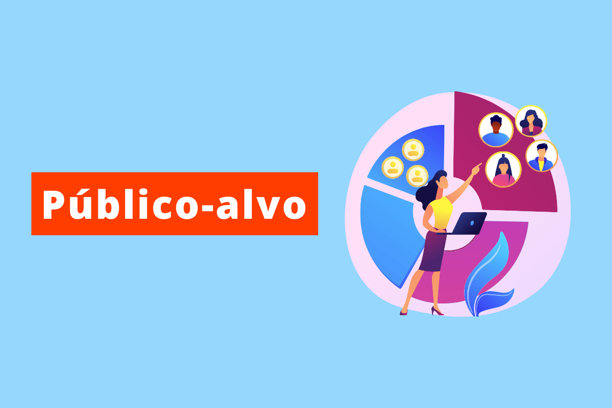 o texto é Público-alvo o fundo é azul e na direita há uma mulher apontando para um gráfico em formato de pizza