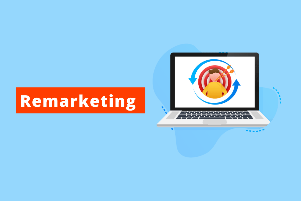 o texto da arte é Remarketing e a cor de fundo é azul no lado direito há um computador e em sua tela a representação de uma pessoa e em sua volta um símbolo que indica o retorno de algo