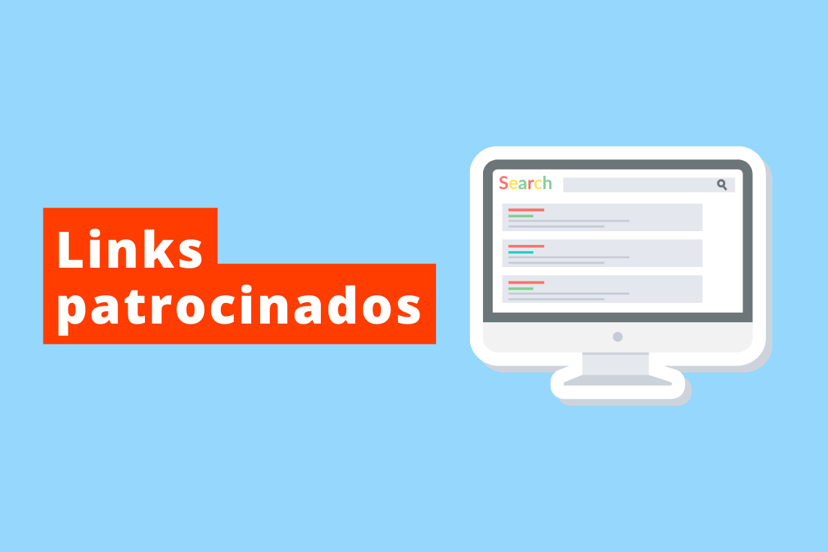 o texto da imagem é links patrocinados e a cor de fundo é azul ao lado direito há uma tela de computador exibindo resultado de pesquisas no google