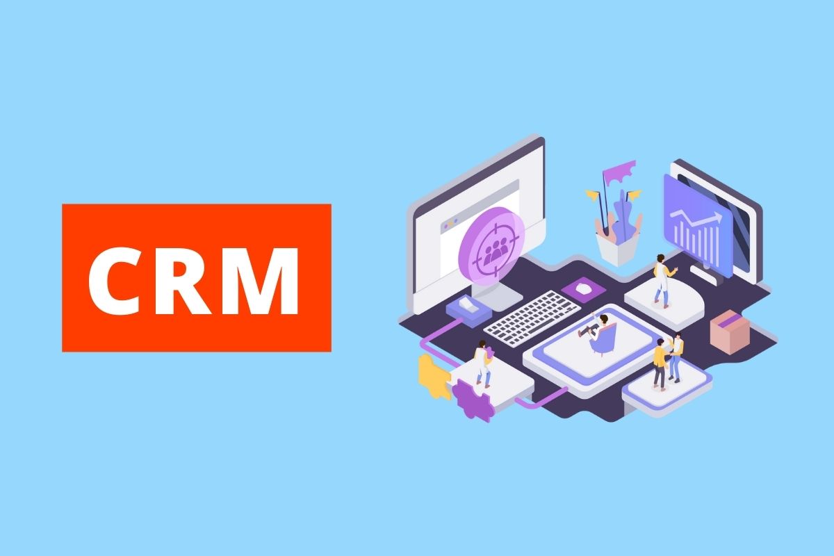 imagem com fundo azul ao lado direito uma imagem e do lado esquerdo escrito CRM