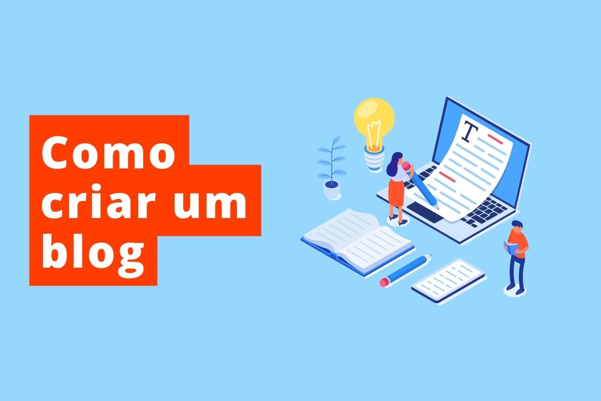 imagem com fundo azul e o texto é Como criar um blog, na direita imagem de um computador e pessoas trabalhando nele