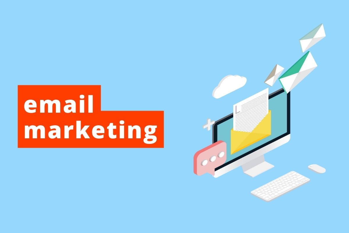 imagem de fundo azul, com telea de computador e um icone de email saindo da tela o texto da imagem é email marketing
