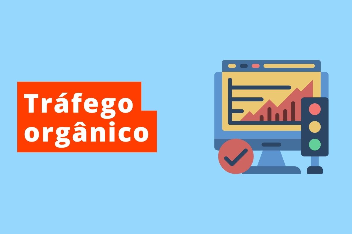 tela de computador, fundo azul e texto tráfego orgânico