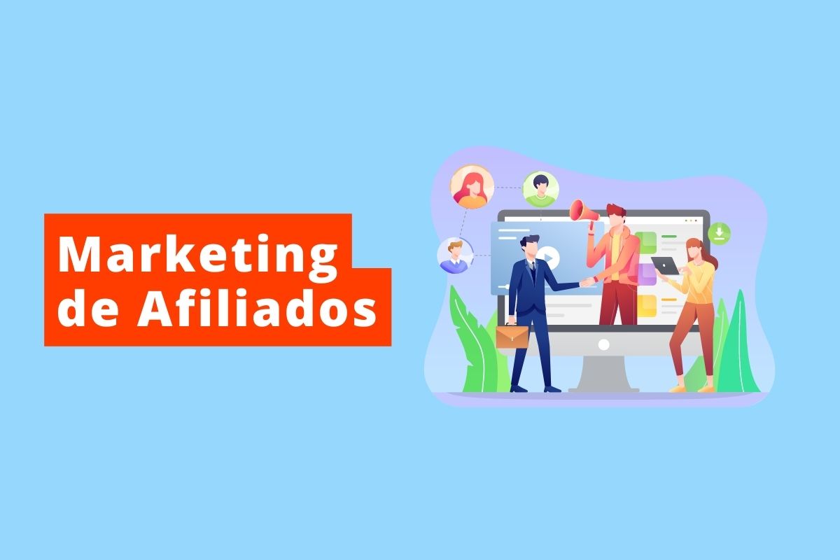 imagem de tela de computador com pessoas interagindo e titulo Marketing de Afiliados