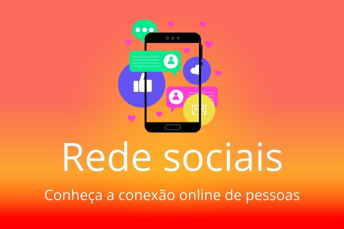 fundo laranja com a imagem de um celular ao centro com muitos ícones de redes sociais e escrito Redes Sociais conheça a conexão online de pessoas