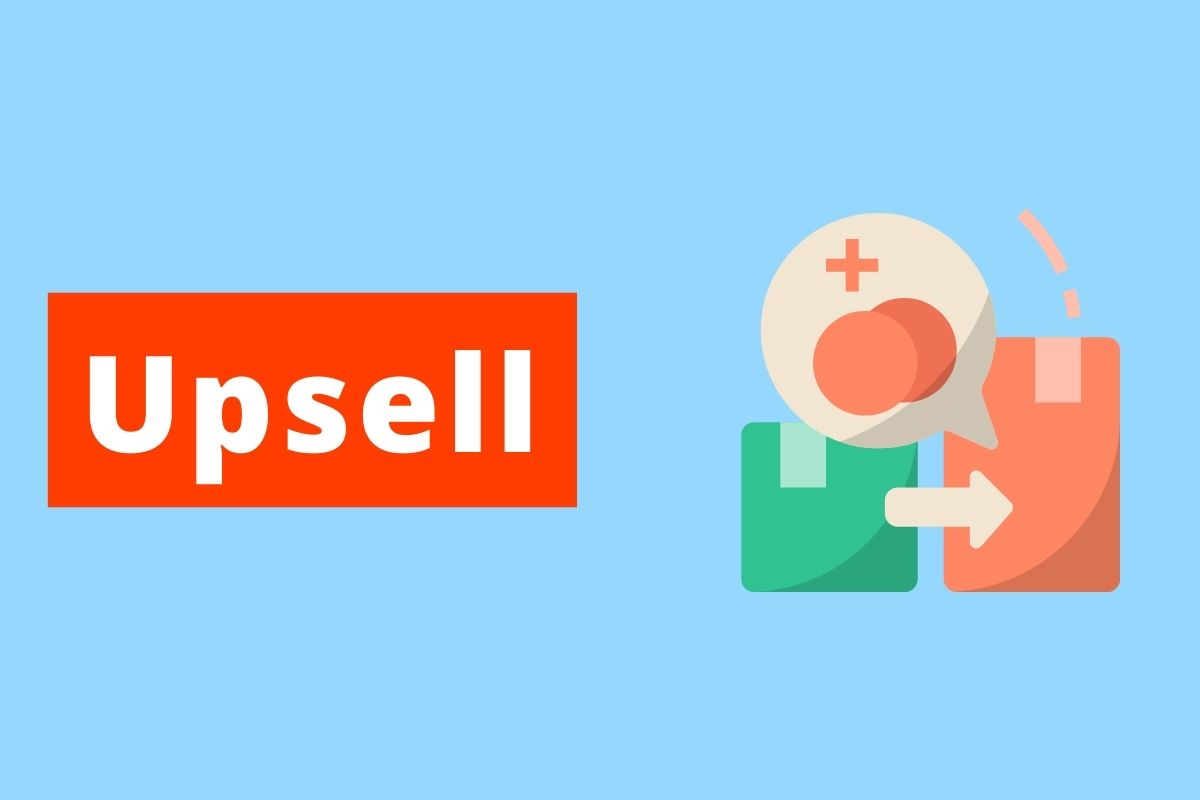 imagem de dois produtos com sinal de ciclo e o texto é Upsell e o fundo é azul