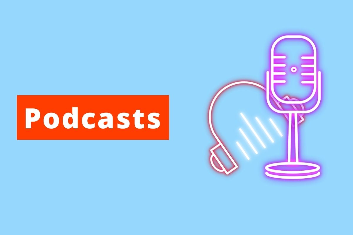 imagem de um microfone e fone e o texto é Podcasts, fundo é azul