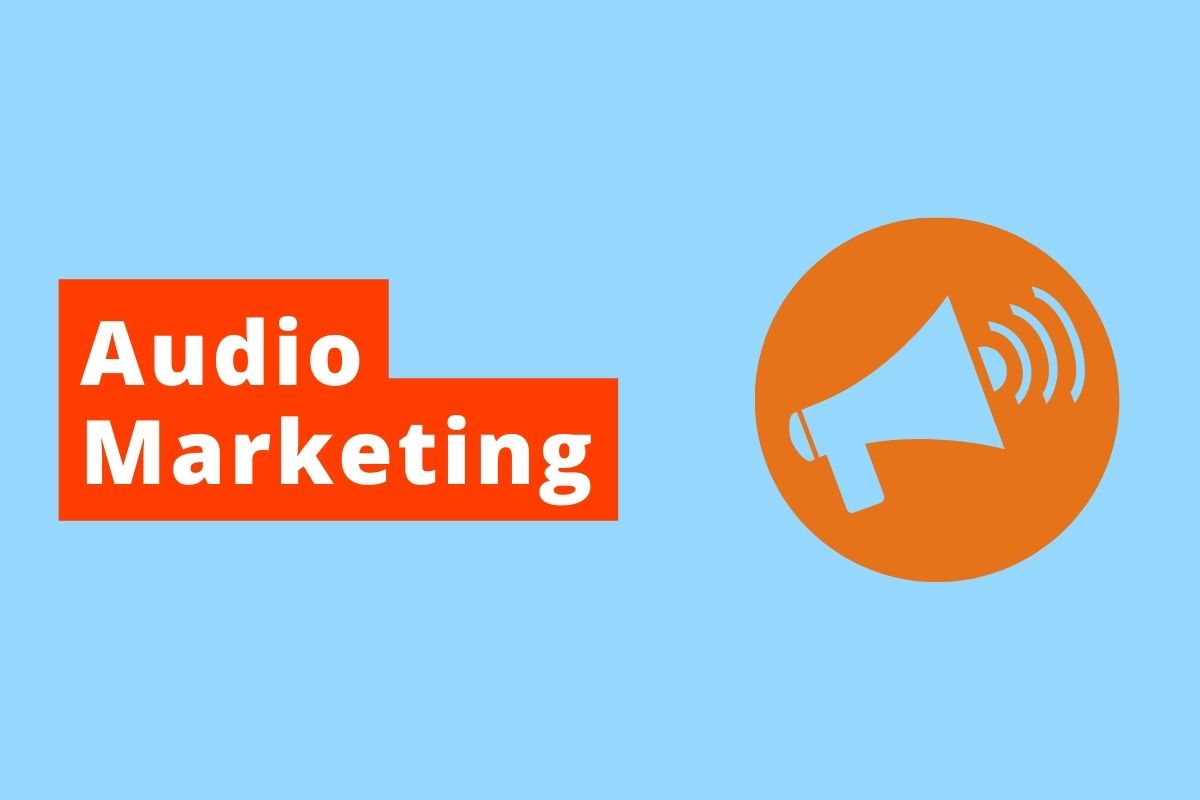 imagem de um megafone o fundo é azul e o texto é Audio Marketing