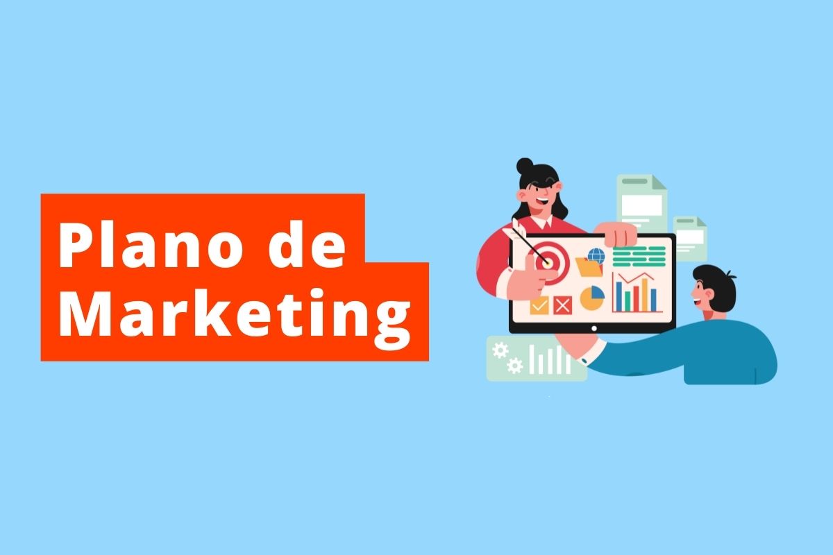 imagem de duas pessoas planejando em um computador o fundo é azul e o texto é Plano de Marketing