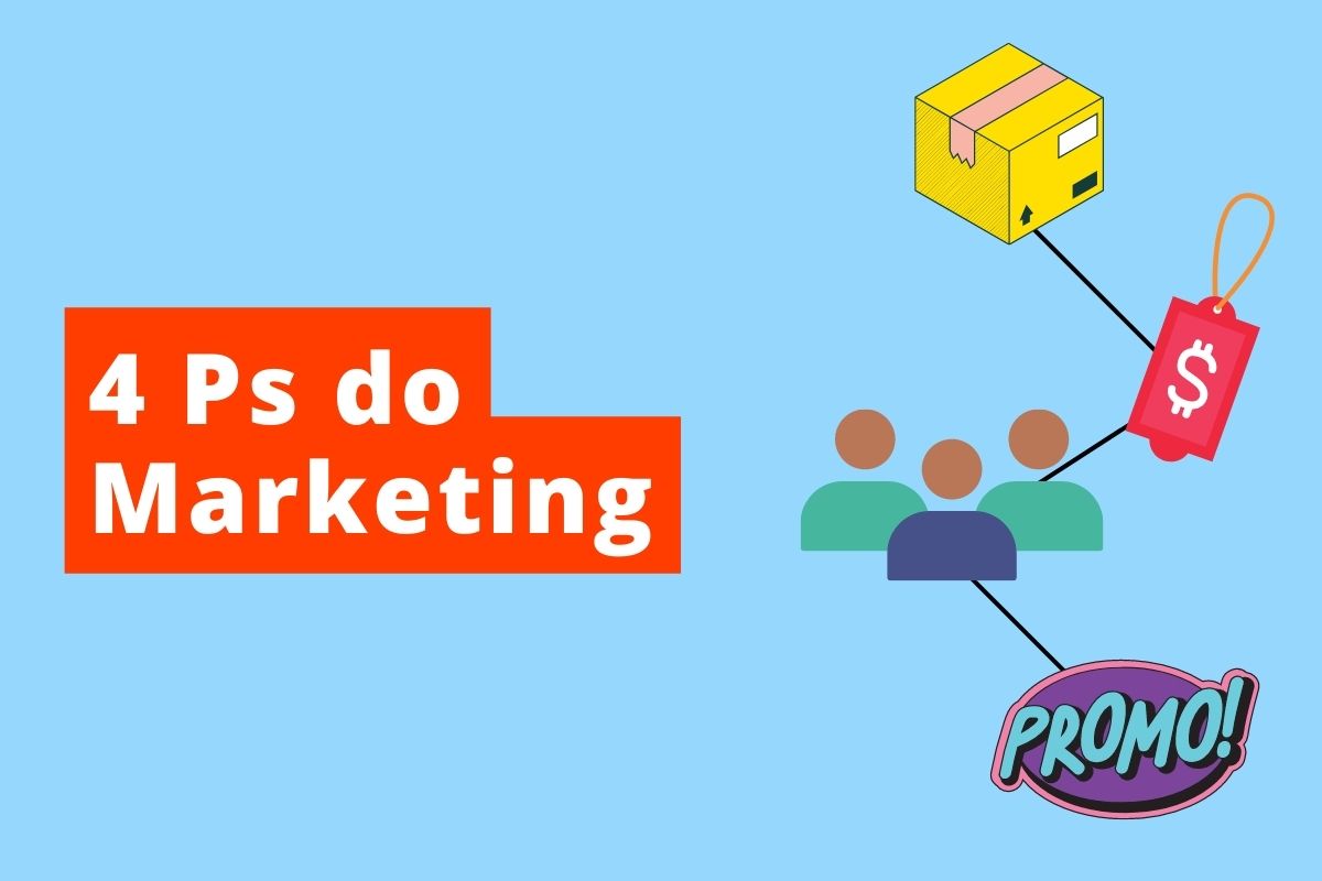 imagem com fundo azul com imagem e texto relacionado com os 4 Ps do Marketing