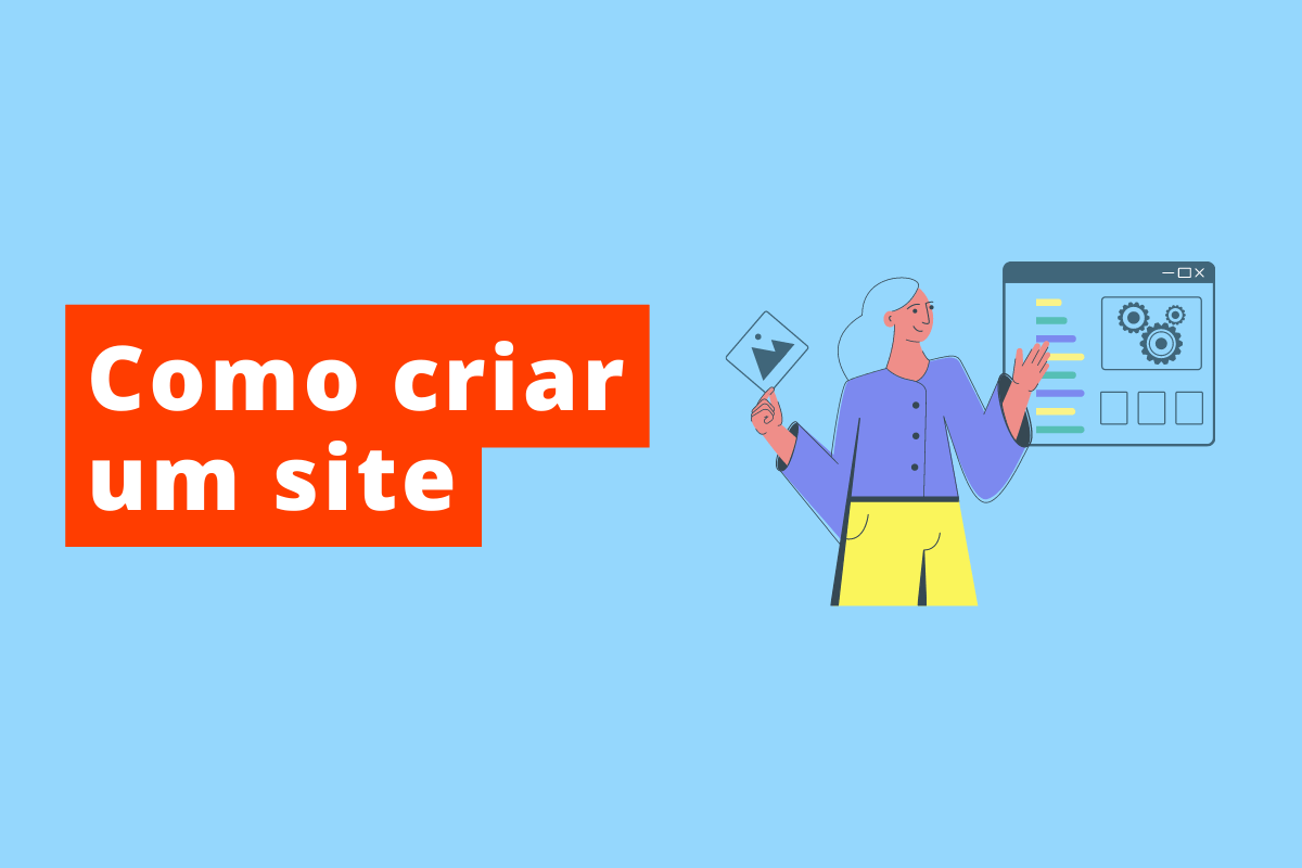 imagem de uma moça criando um site em uma tela, o fundo da imagem é azul e o texto é criar um site