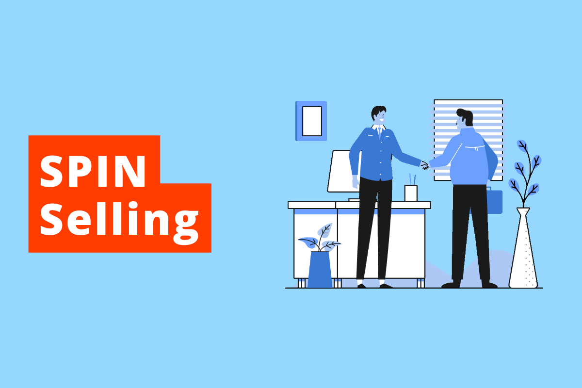 Duas Pessoas apertando as mãos em um escritótrio o fundo da imagem é azul e o título é SPIN Selling