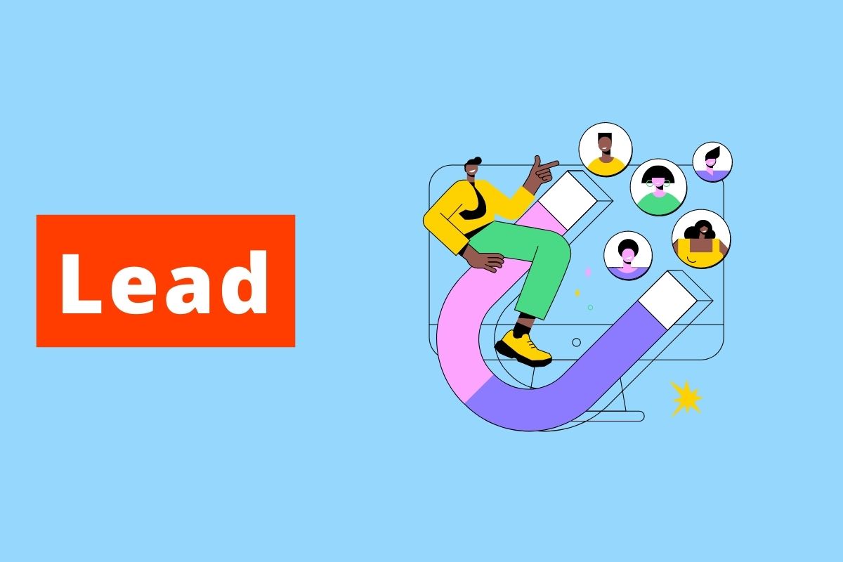 imagem com fundo azul e o titulo escrito lead ao lado direito uma imagem de um imã atraindo as pessoas
