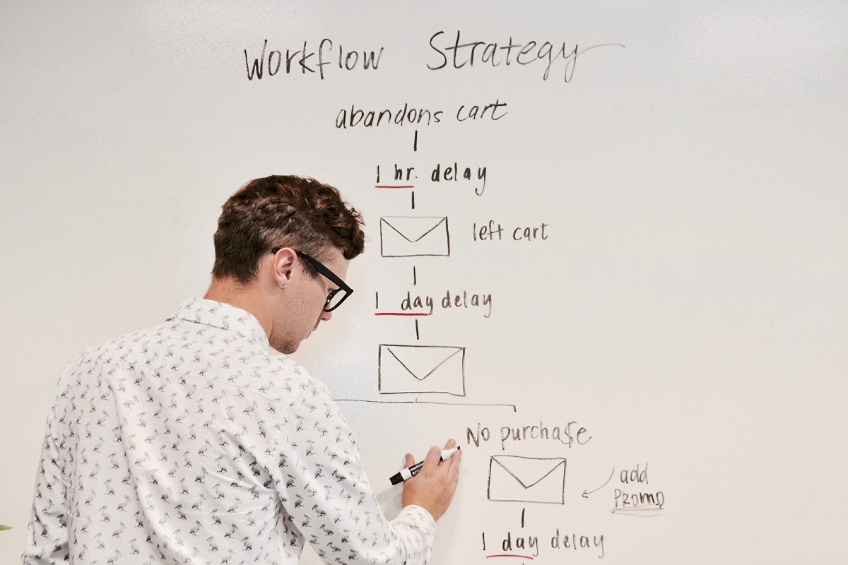 homem escrevendo em um quadro branco, montando uma estratégia de trabalho