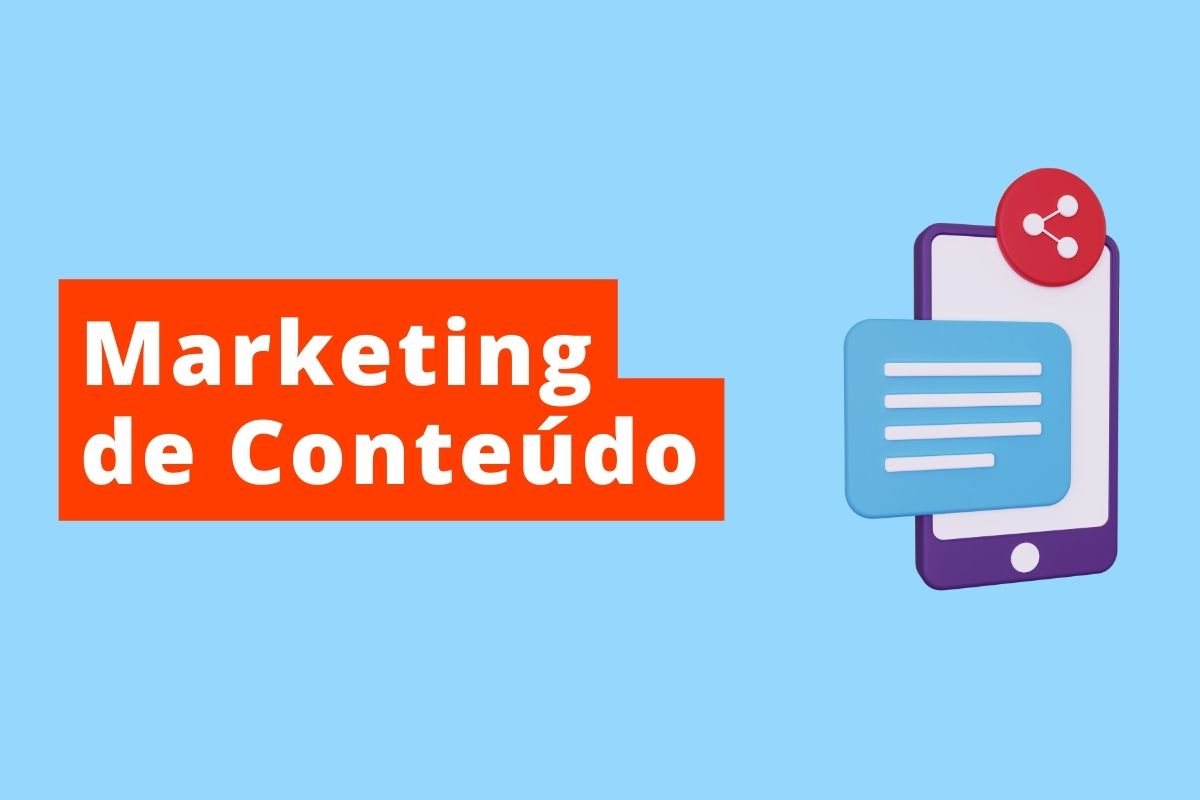 imagem com fundo azul e inscrição de Marketing de Conteúdo com uma gravura a direita de um celular