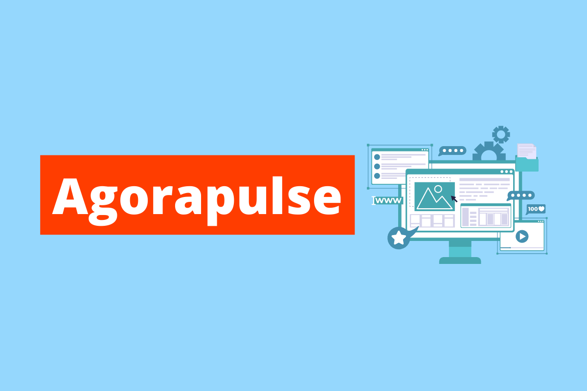 imagem de um monitor com vários gráficos. O fundo da imagem é azul e tem-se escrito Agorapulse