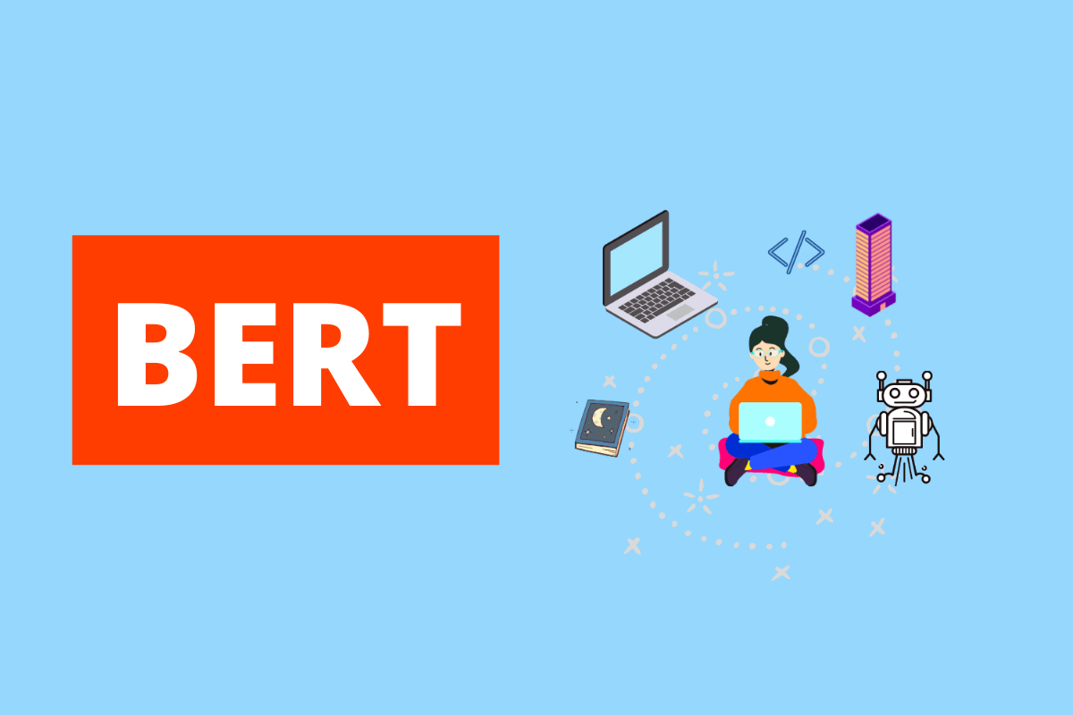 imagem de uma mulher sentada com um notebook no colo e, em sua volta, vários ícones que representam o algoritmo do Google. A imagem tem fundo azul e está escrito BERT