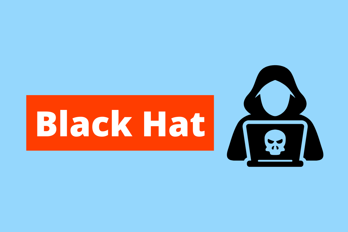 imagem de uma pessoa de capuz mexendo no computador, com um símbolo de caveira no meio dele. O fundo da imagem é azul e tem-se escrito Black Hat