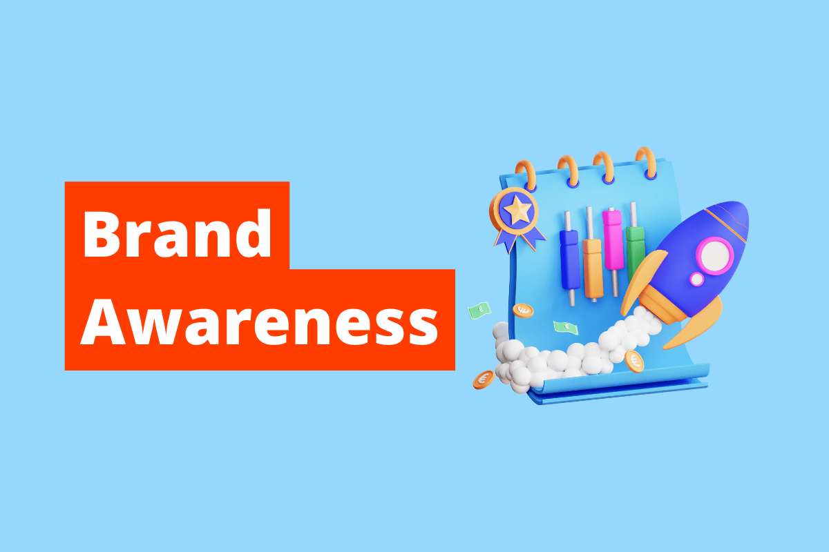 imagem de uma caderneta e, da ponta dela, sai um foguete. O fundo da imagem é azul e tem-se escrito Brand Awareness