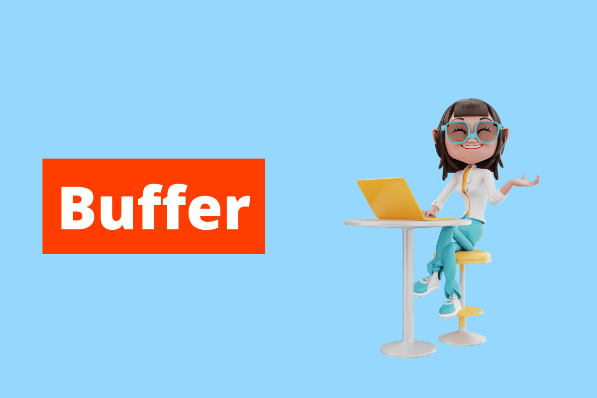 mulher sentada trabalhando em seu laptop amarelo. O fundo da imagem é azul e tem-se escrito Buffer