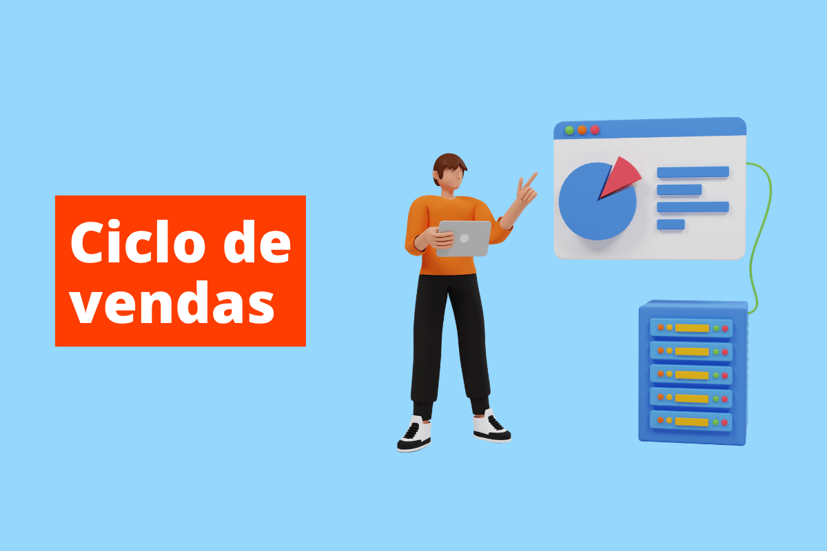 pessoa com um tablet, apontando para uma tela mostrando um gráfico. O fundo da imagem é azul e tem-se escrito Ciclo de vendas