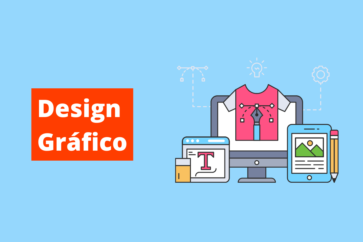 imagem de dispositivos como computador e tablet, cada um com uma figura diferente na sua tela. O fundo da imagem é azul e tem-se escrito Design Gráfico