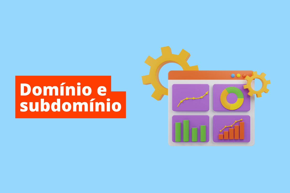 imagem de uma tela, com vários gráficos diferentes. O fundo da imagem é azul e tem-se escrito Domínio e subdomínio