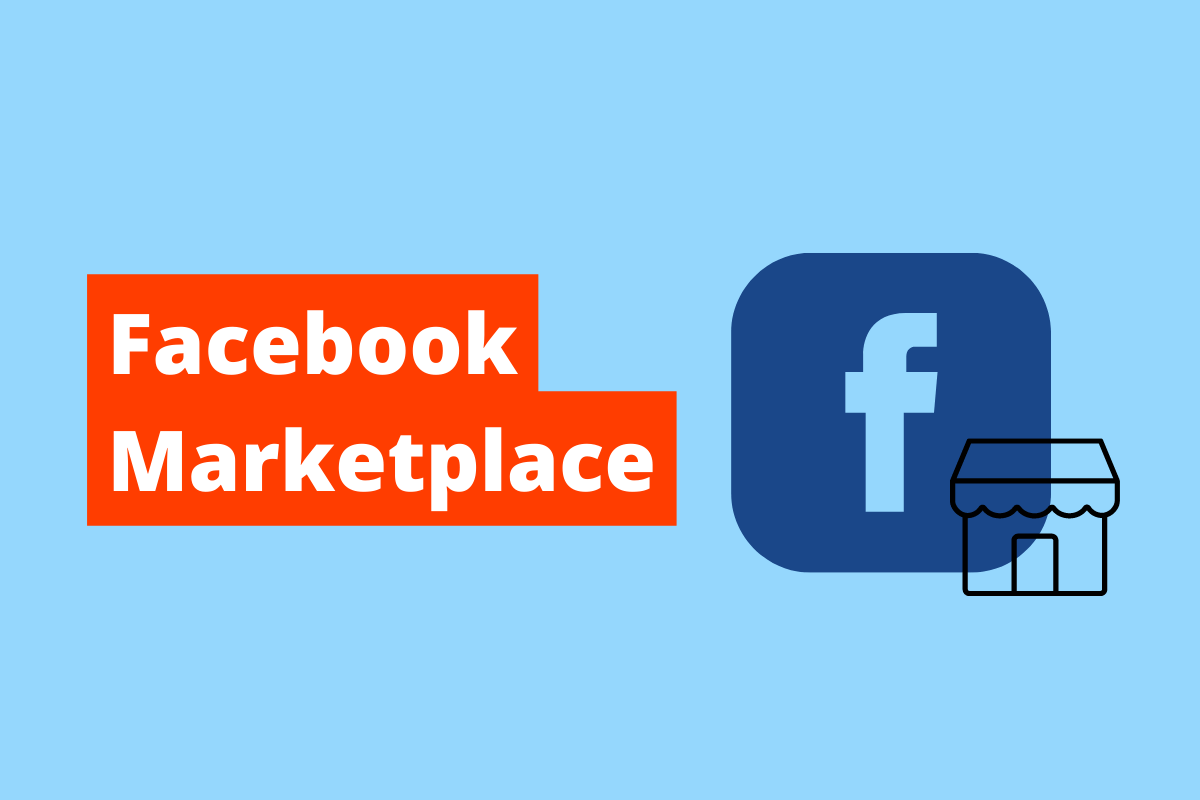 símbolo do facebook com o de uma loja. O fundo da imagem é azul e tem-se escrito Facebook marketplace