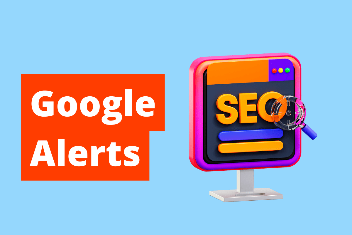 imagem de uma tela com o nome SEO nela. O fundo da imagem é azul e tem-se escrito Google Alerts