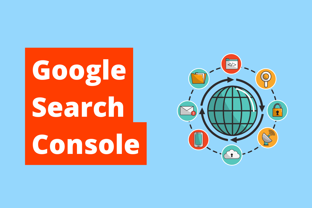 imagem de um globo e à sua volta há diversos símbolos que representam a internet. O fundo da imagem é azul e tem-se escrito Google Search Console