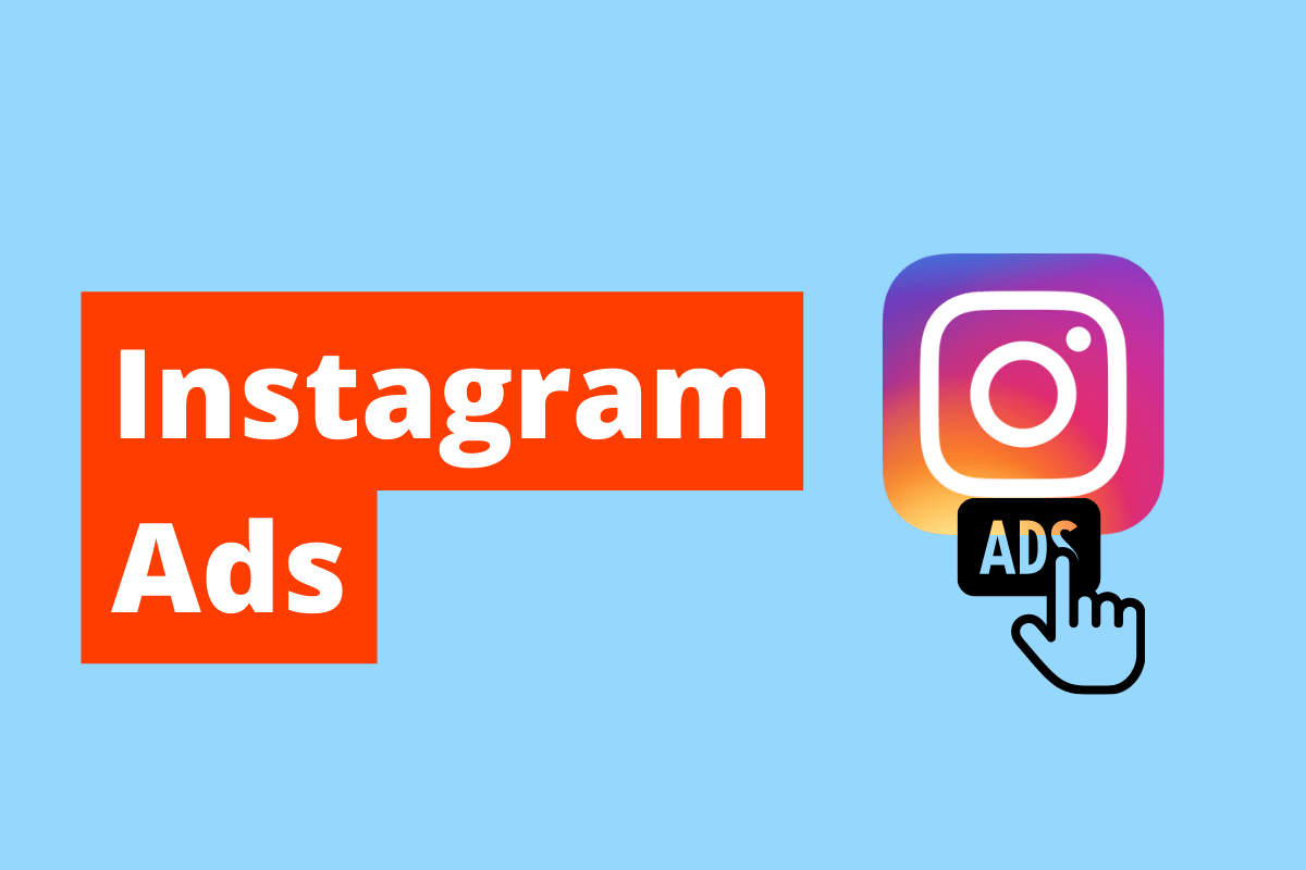 símbolo do instagram, com o nome ads em cima dele. O fundo da imagem é azul e tem-se escrito Instagram Ads
