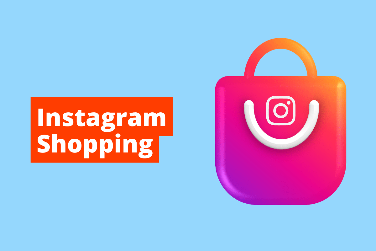 imagem de uma sacola e nela há o símbolo do instagram. O fundo da imagem é azul e tem-se escrito Instagram Shopping
