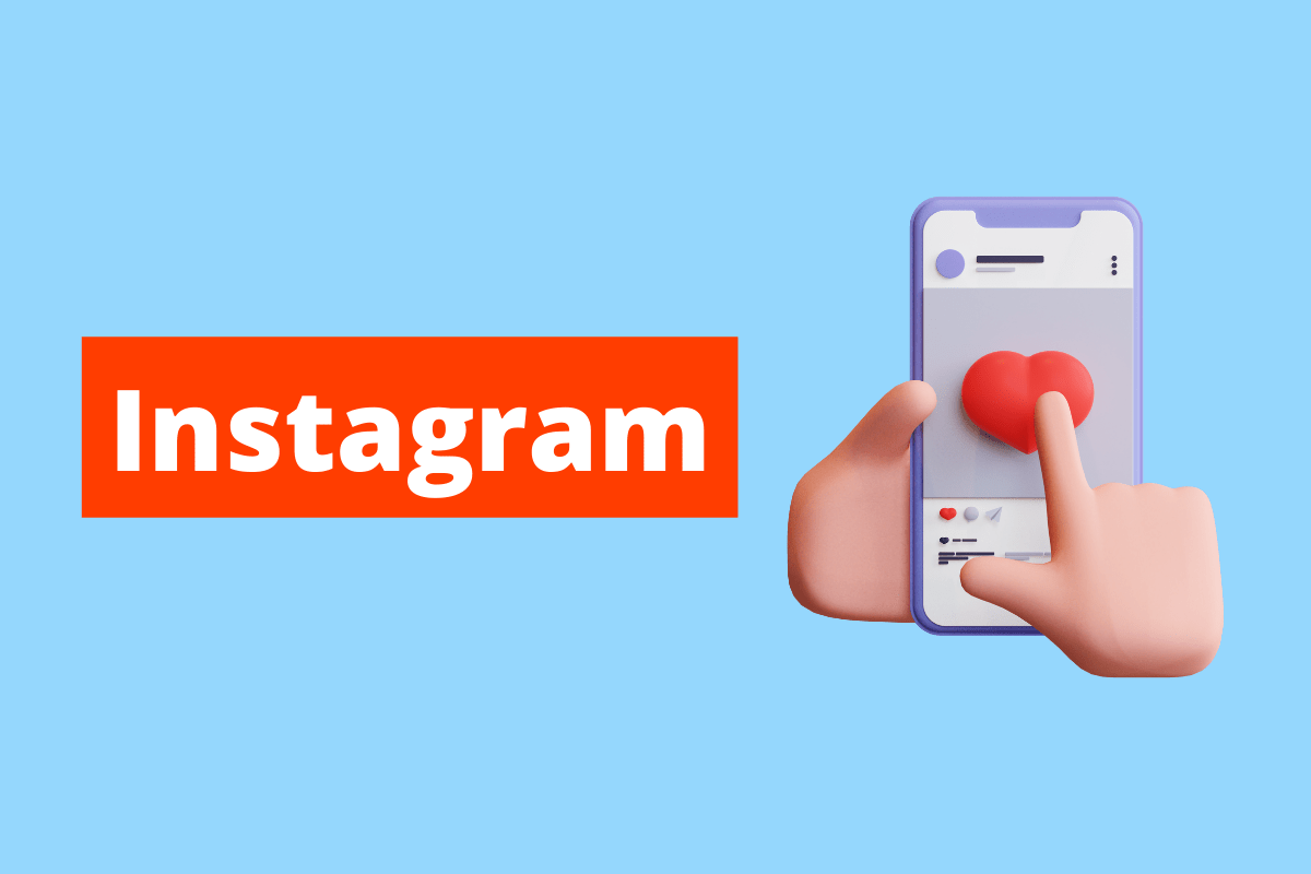 mão mexendo no celular. O fundo da imagem é azul e tem-se escrito Instagram