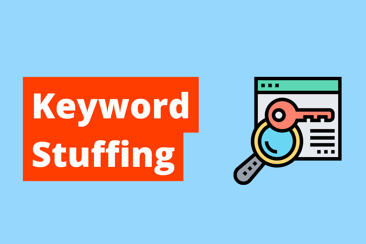 imagem de uma tela de busca, com uma lupa e uma chave em cima dela. O fundo da imagem é azul e tem-se escrito Keyword Stuffing