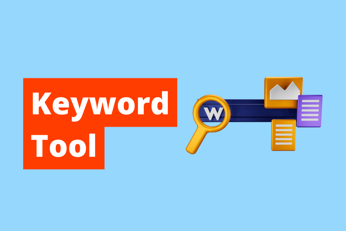 imagem de uma barra de busca com uma lupa. O fundo da imagem é azul e tem-se escrito Keyword tool