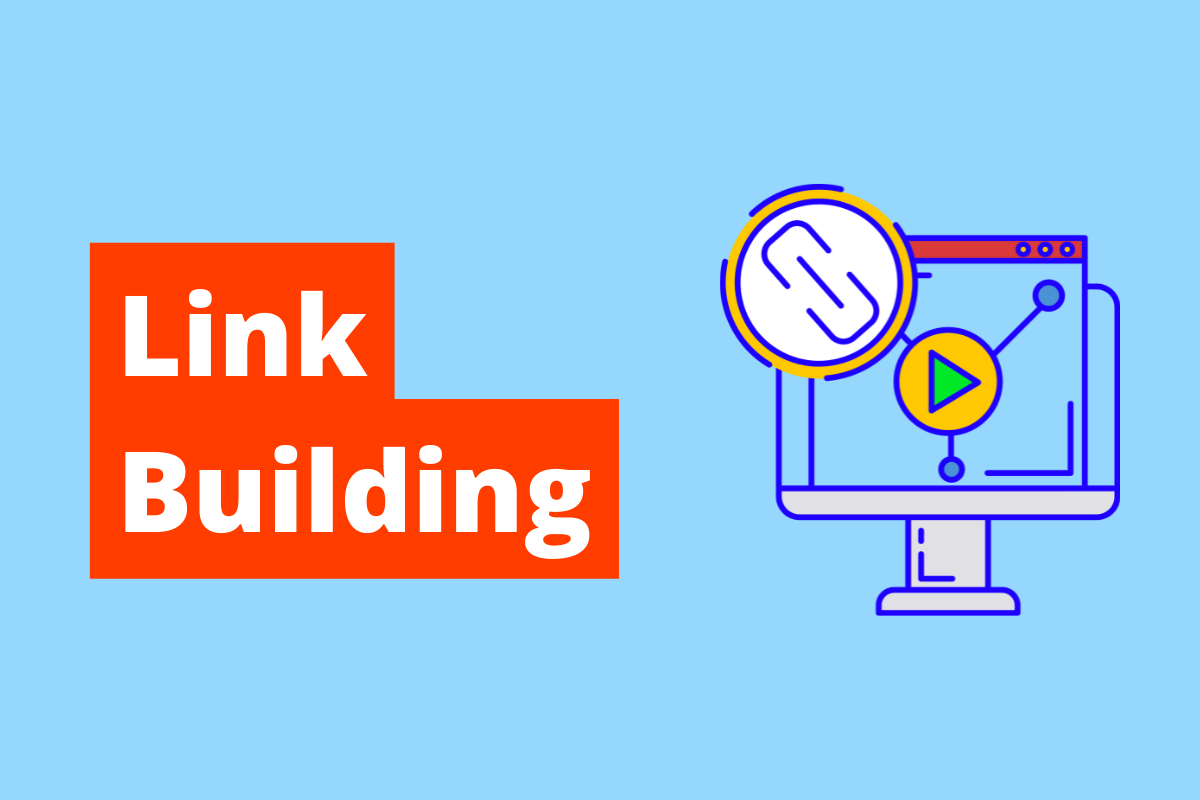 imagem de um monitor com um símbolo do play e outro de link. O fundo da imagem é azul e tem-se escrito Link Building