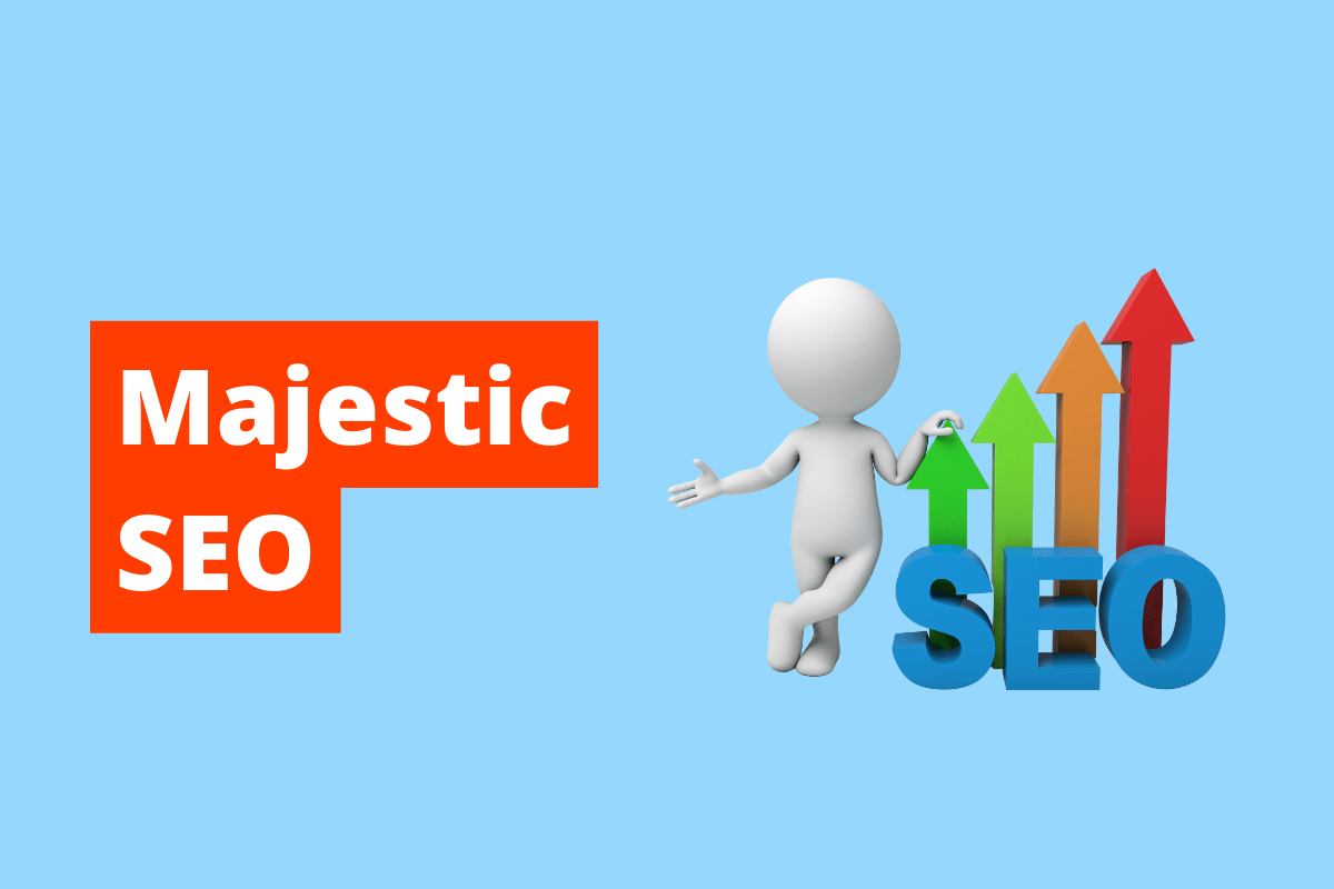 imagem de um boneco branco encostado do nome SEO com várias setas coloridas. O fundo da imagem é azul e tem-se escrito Majestic SEO