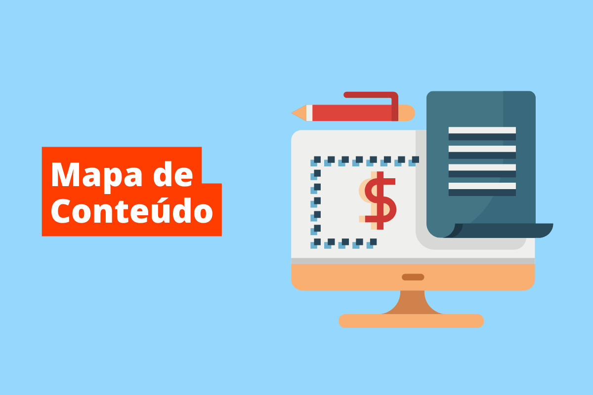 imagem de um monitor com um cifrão e uma folha azul. Em cima dele há uma caneta vermelha. O fundo da imagem é azul e tem-se escrito Mapa de Conteúdo